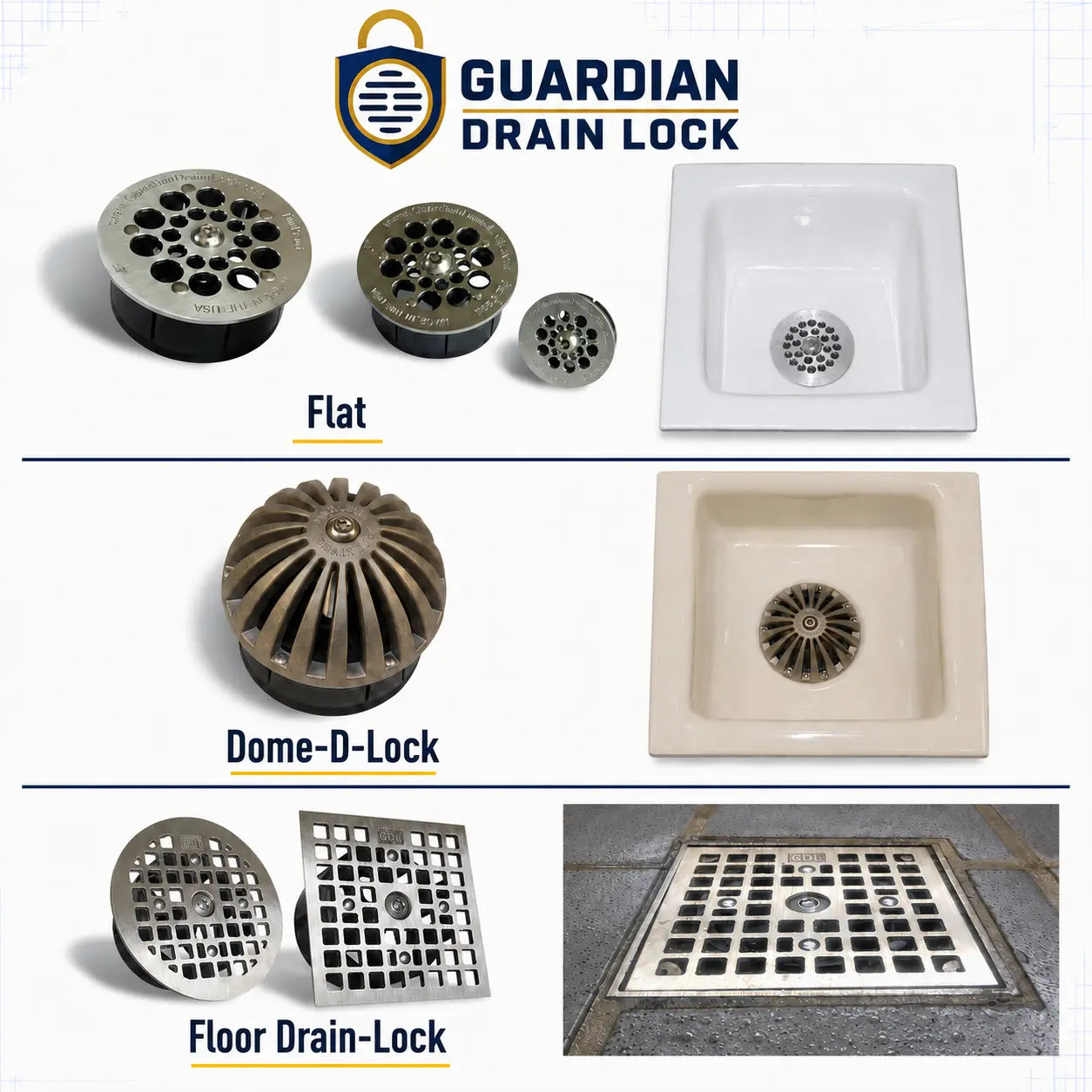 Guardian Drain Lock product family showing flat, Dome D-Lock, and floor drain products