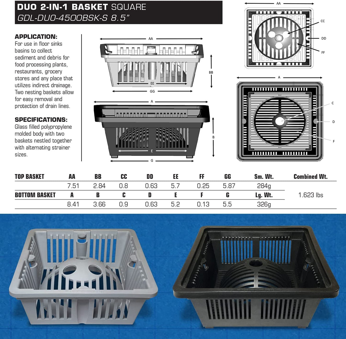 DUO 2-in-1 Floor Sink Basket - 8.5 inch Square