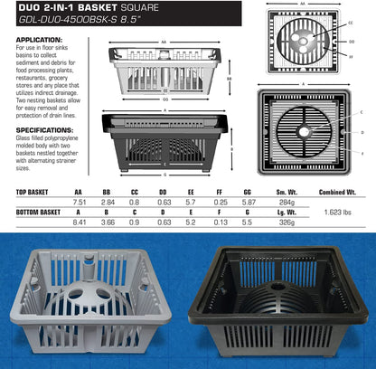 DUO 2-in-1 Floor Sink Basket - 8.5 inch Square