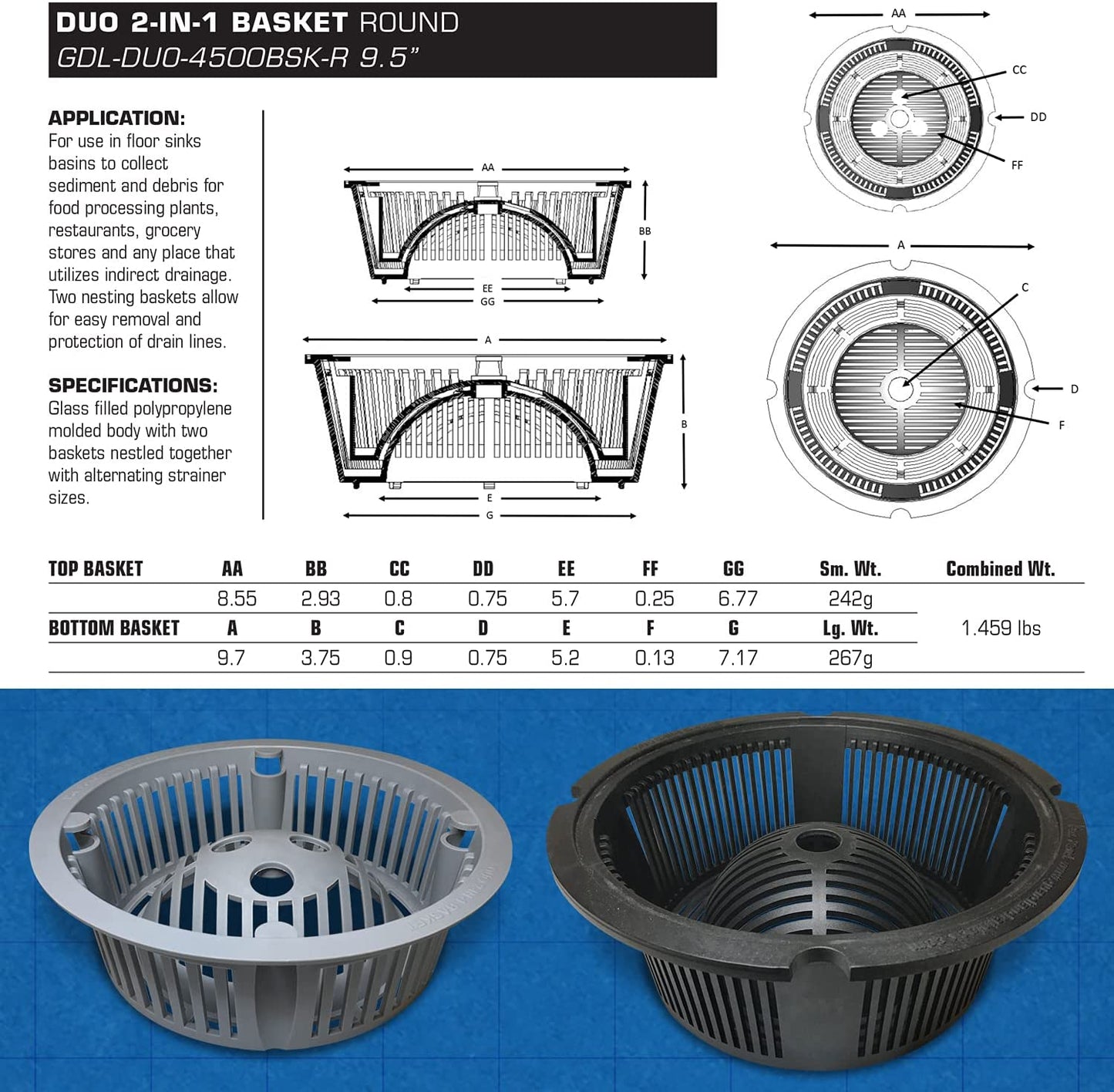 DUO 2-in-1 Floor Sink Basket - 9.5 inch Round
