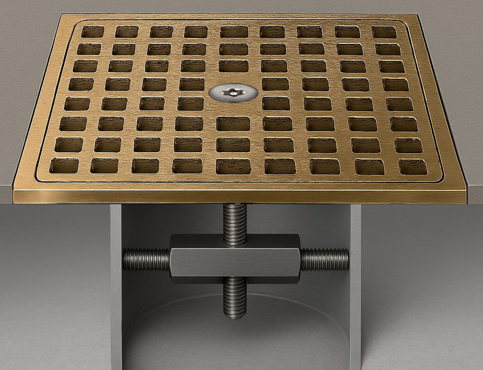 Lock and Stop Drain Lock installed beneath a square OEM floor drain cover