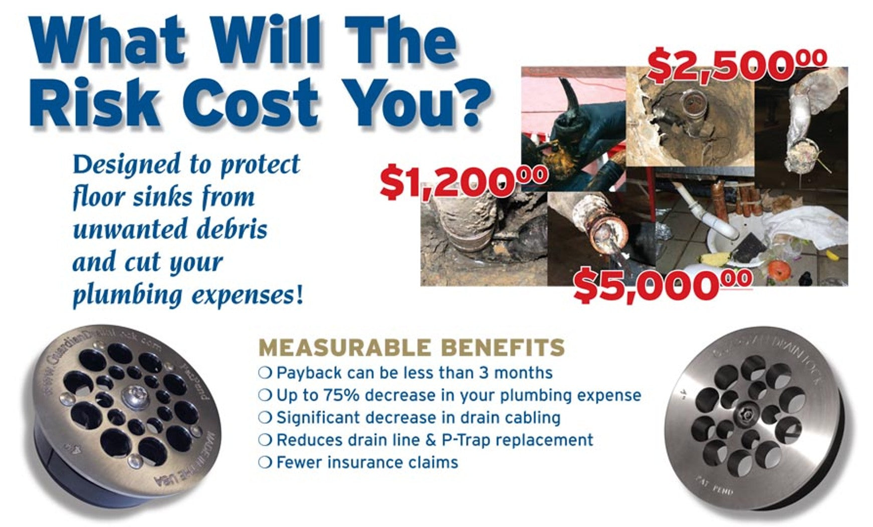 Examples of floor-sink plumbing problems and potential repair costs, with benefits of Guardian Drain Lock protection